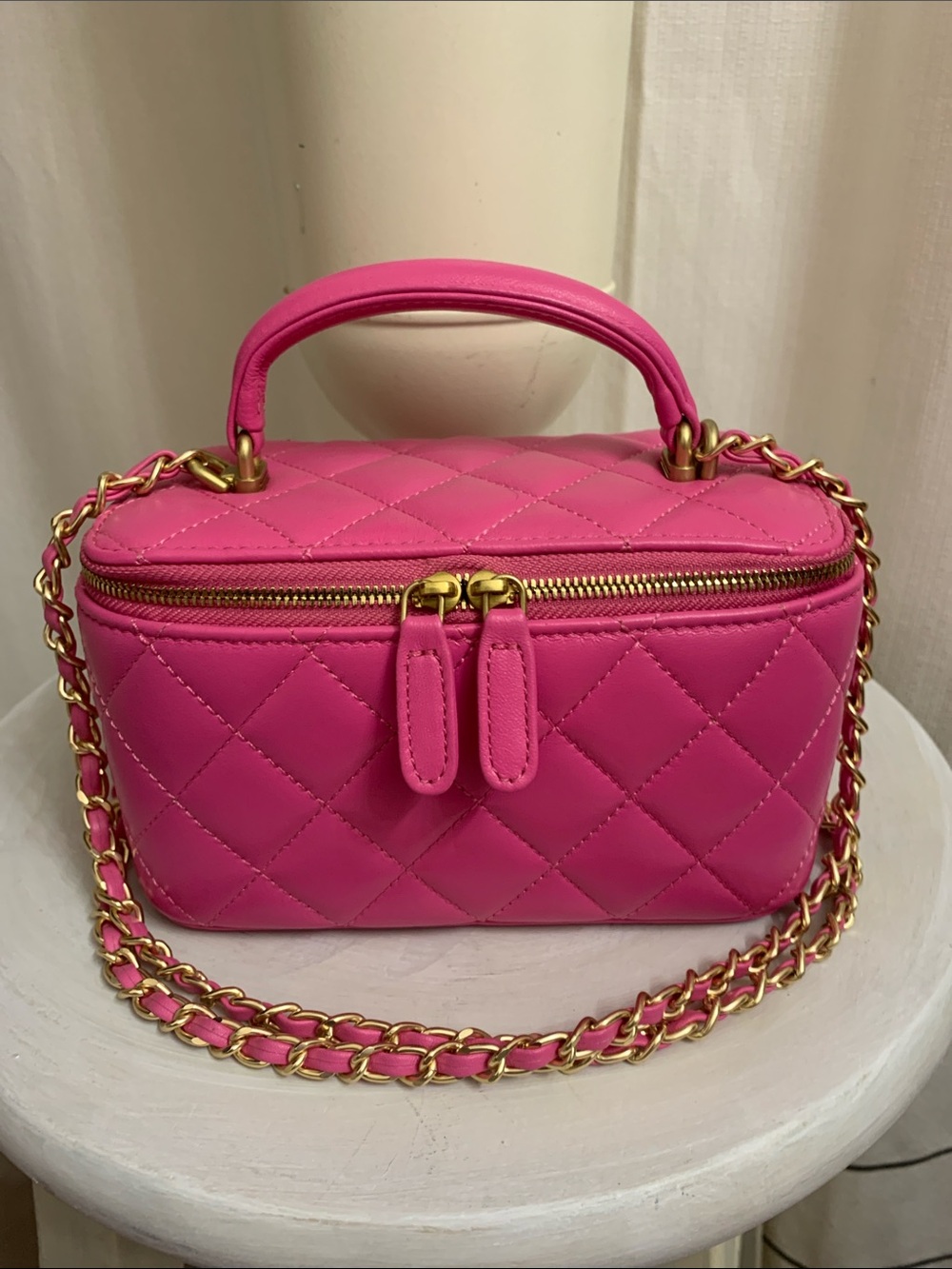Genuine Leather Diamond Quilted Pink and Gold Chain Strap Vanity Case